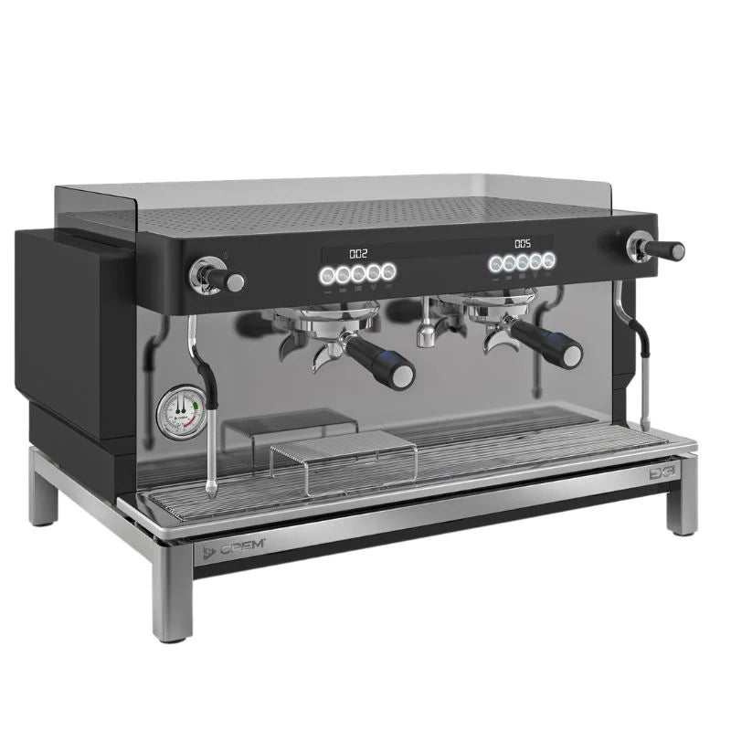 Commercial espresso machine with digital display on a white background