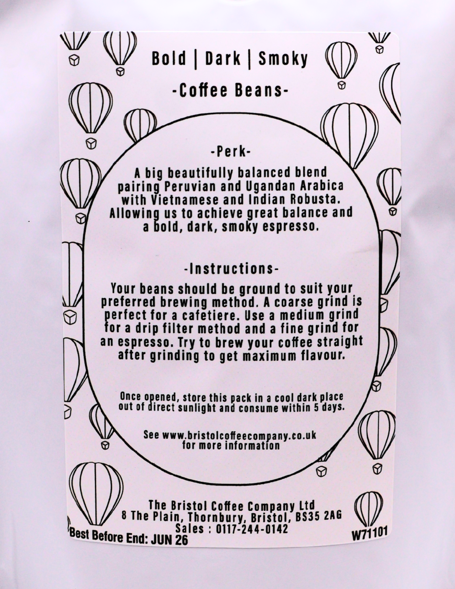 Bristol Coffee Company coffee beans packaging with text and hot air balloon graphics.